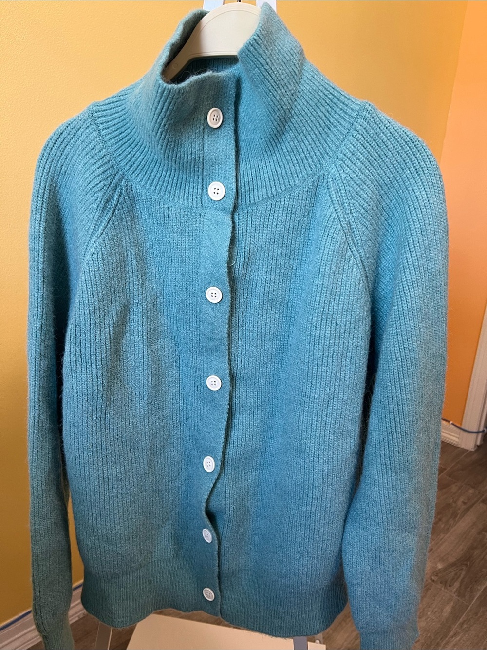 SHEIN Teal Ribbed Button-Up Mock Neck Cardigan